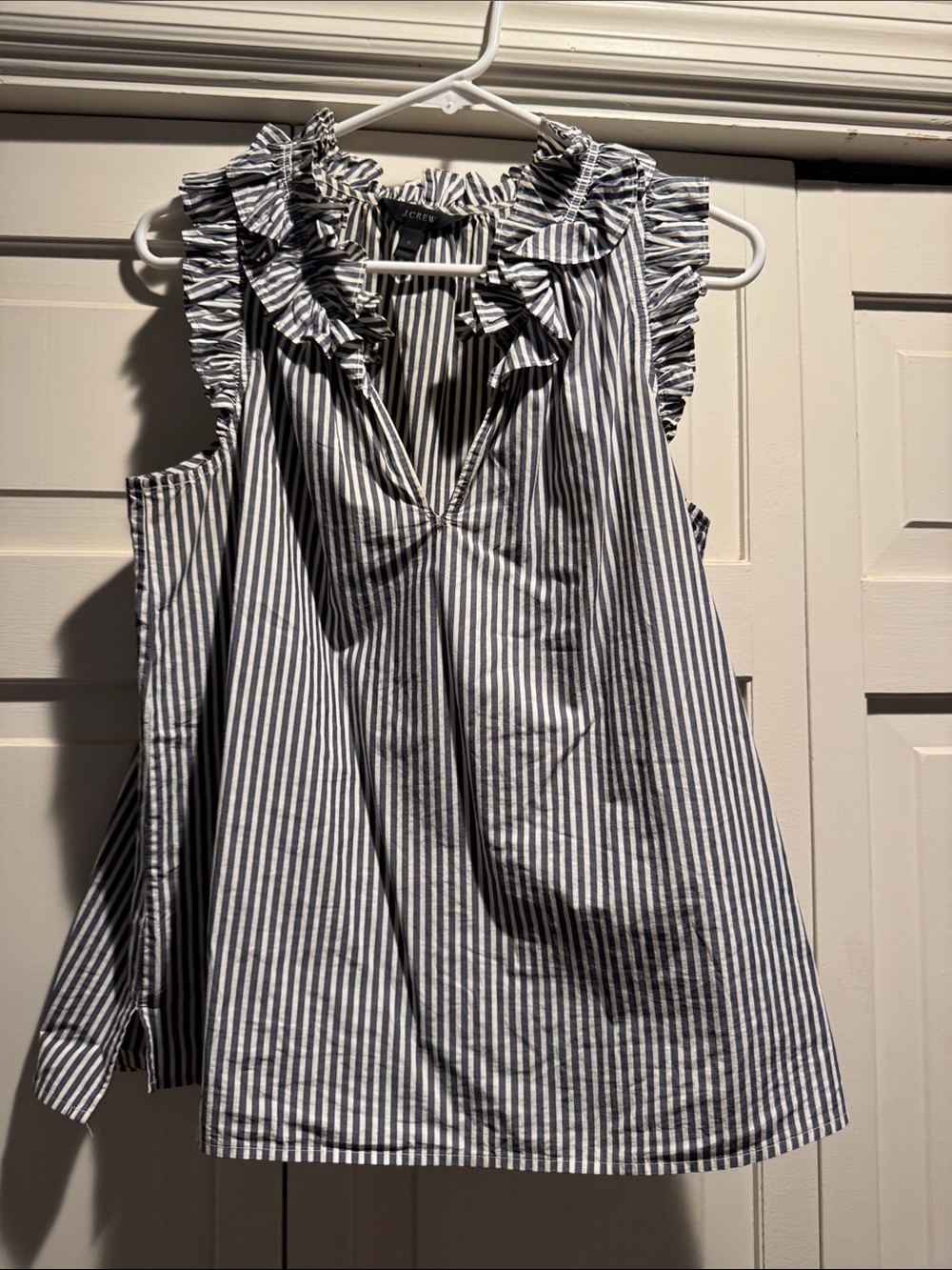 J. Crew Navy and White Striped Ruffle V-Neck Camisole